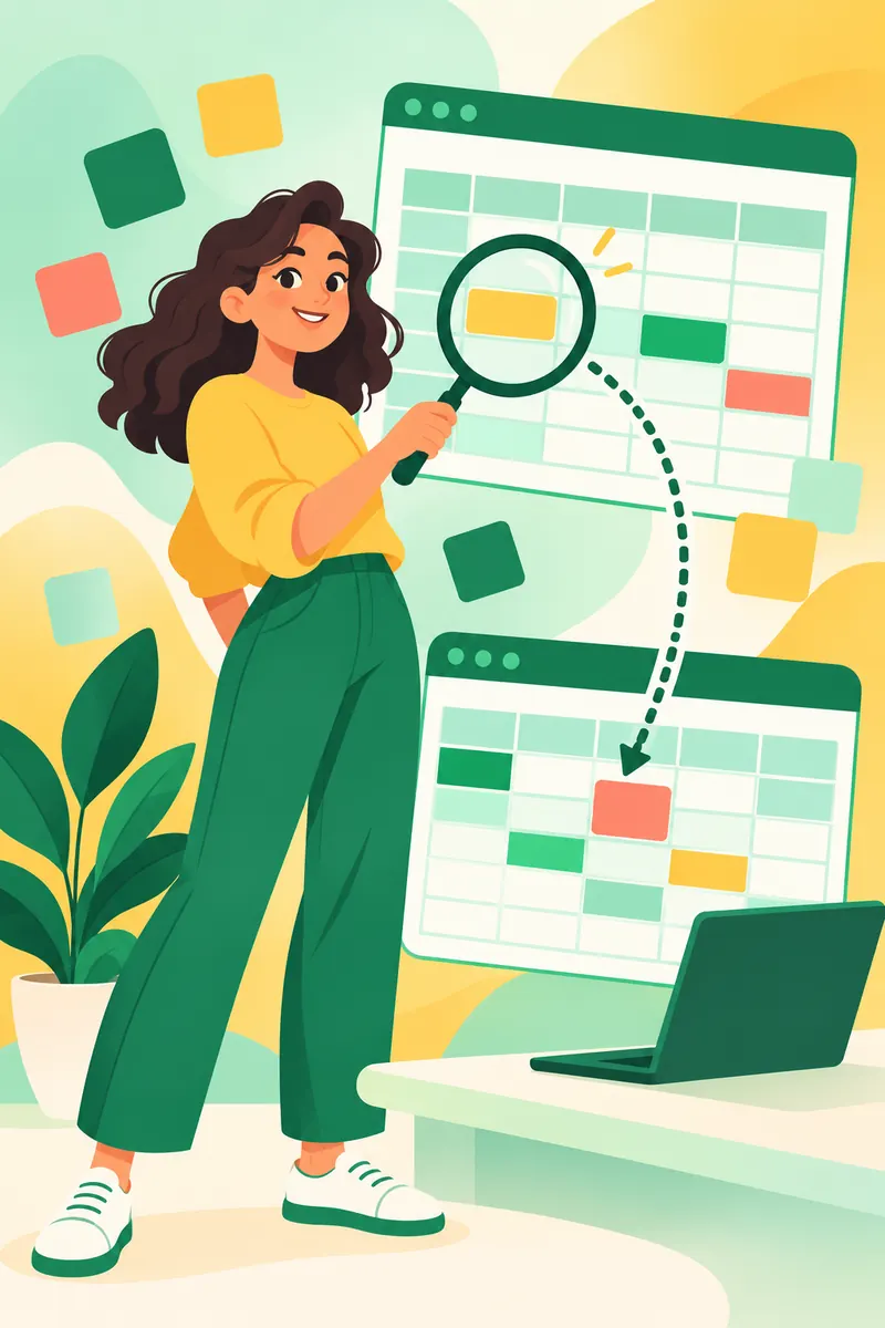 Illustration of a person using a magnifier to link two spreadsheet tables